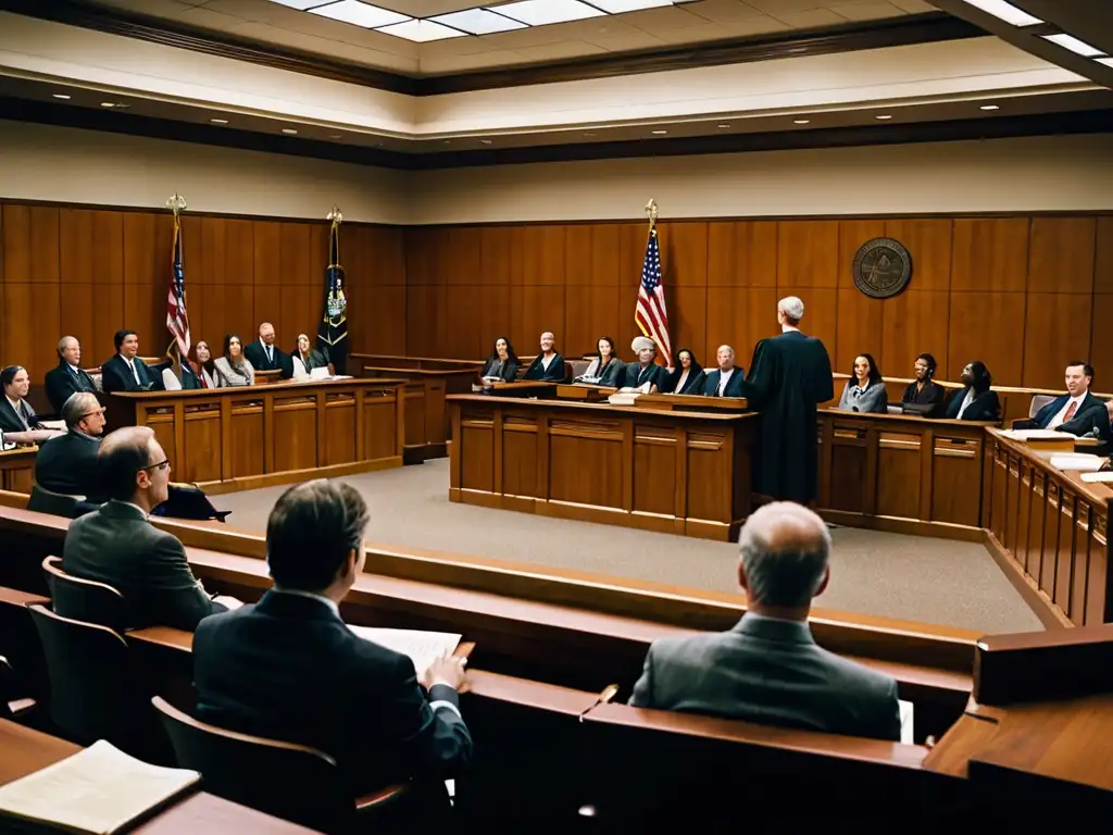 Un tribunal repleto de personas, con abogados presentando argumentos y una diversa audiencia observando el proceso legal