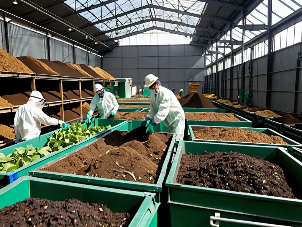 Instalación urbana de compostaje con trabajadores dedicados y maquinaria industrial, cumpliendo con leyes sobre aprovechamiento de residuos orgánicos