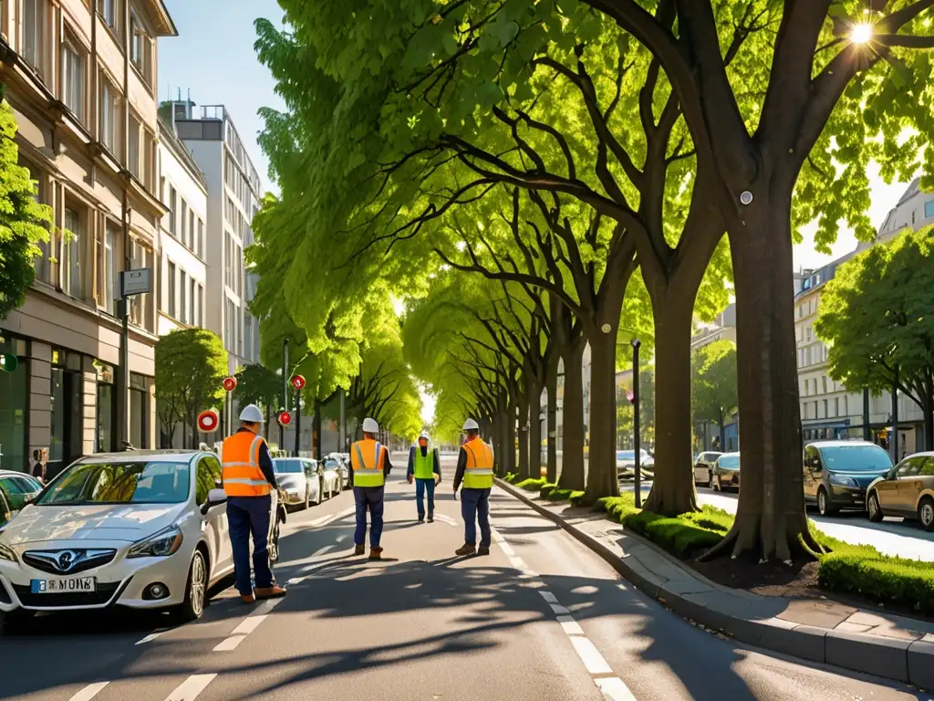 Arborización urbana cuidadosa bajo normativas, reflejando coexistencia armoniosa entre naturaleza y ciudad en una tarde dorada en Europa