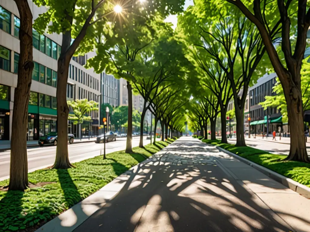 Arboleda urbana exuberante con sombras y luz, resalta la importancia de las normativas arborización urbana legalidad