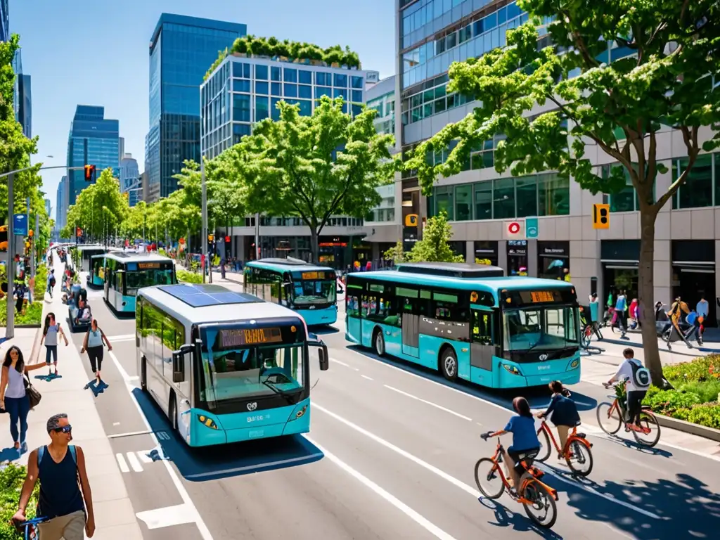 Intersección urbana sostenible con transporte público eléctrico y bicicletas