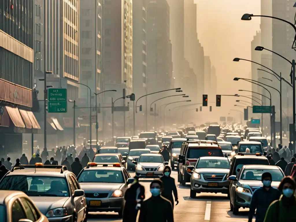 Congestión urbana con tráfico y contaminación del aire, impacto en salud y legislación calidad del aire