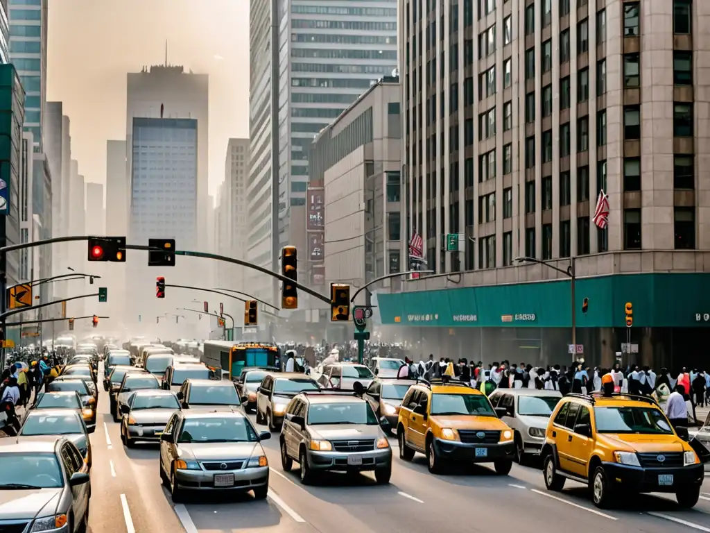 Intersección urbana con tráfico denso, edificios altos y contaminación