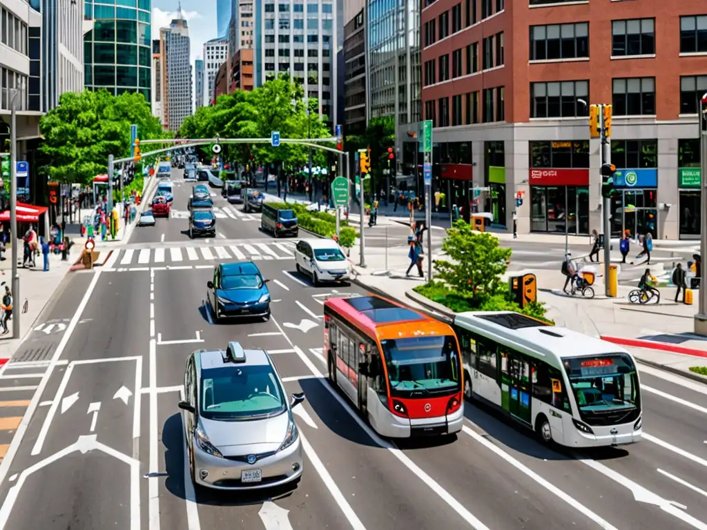 Intersección urbana con variedad de vehículos, ciclistas, transporte público y paisaje urbano, destacando estrategias económicas movilidad sostenible