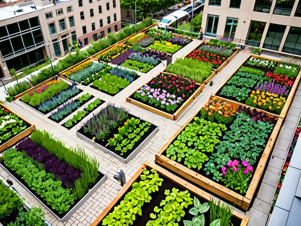 Un jardín urbano exuberante con flores vibrantes y un sistema de riego por goteo, destacando el uso eficiente del agua en jardines urbanos