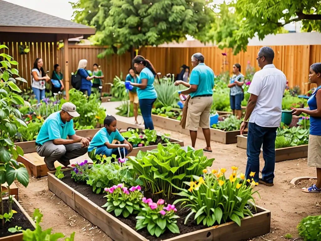 Un jardín urbano exuberante con plantas verdes vibrantes y flores coloridas, donde la comunidad aprende sobre el uso eficiente del agua