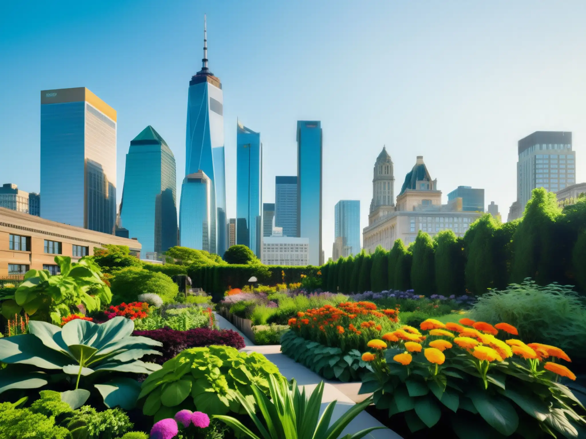 Jardín urbano floreciente contrasta con el horizonte de la ciudad, mostrando la coexistencia de desarrollo urbano y naturaleza