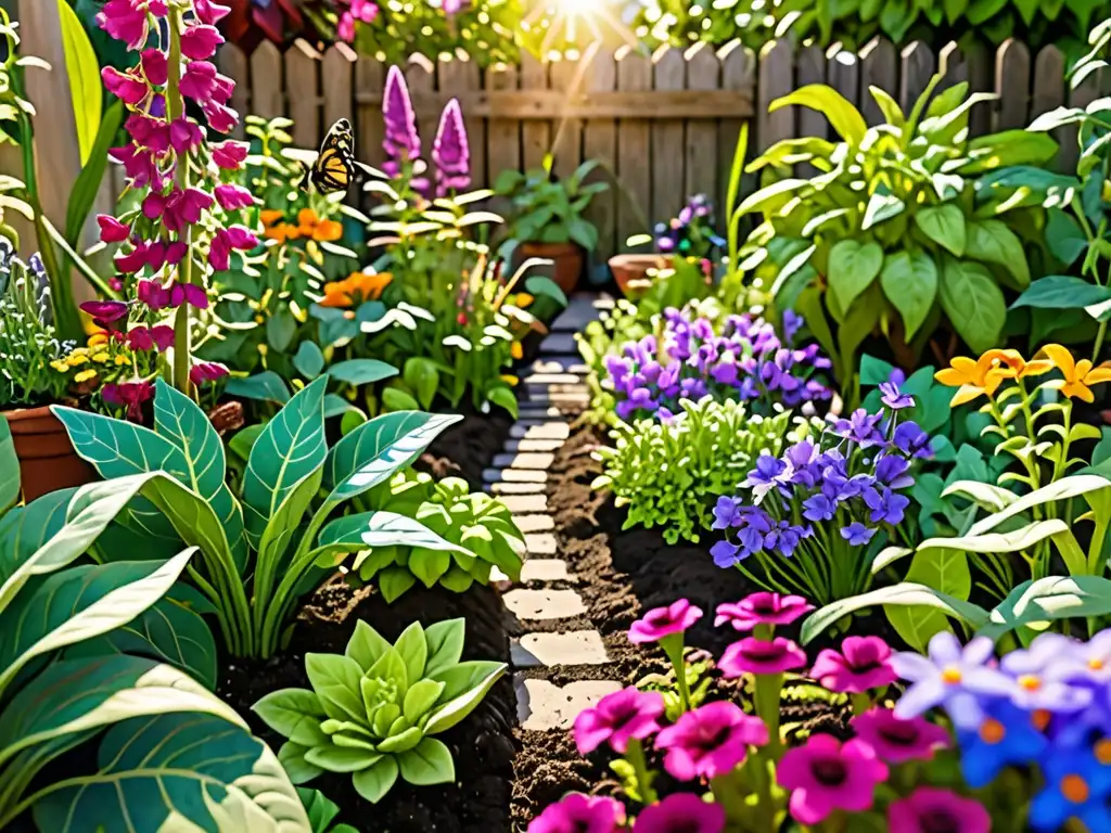 Un jardín urbano vibrante y diverso, lleno de vegetales, hierbas y flores