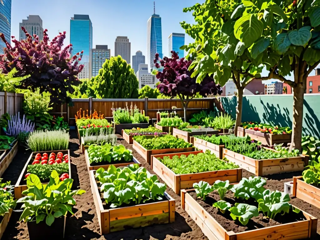 Un jardín urbano vibrante con huertos cuidados y frutas coloridas