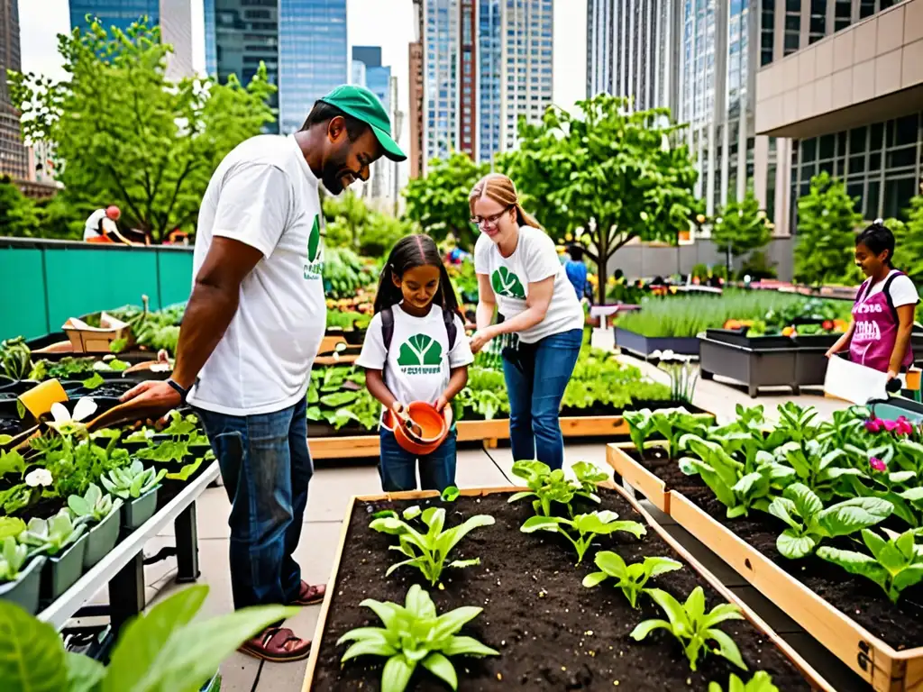 Un jardín urbano vibrante entre rascacielos, con personas de todas las edades y orígenes trabajando juntas