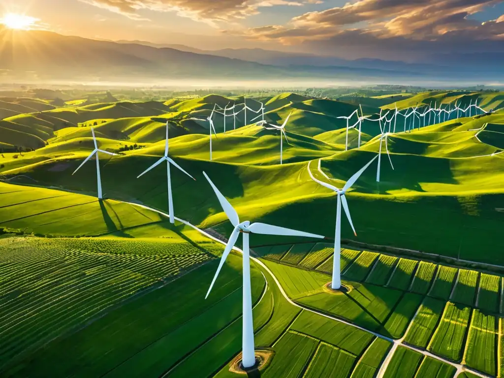 Un valle verde con molinos de viento blancos se extiende hacia el horizonte al atardecer, mostrando la armonía entre energía renovable y naturaleza