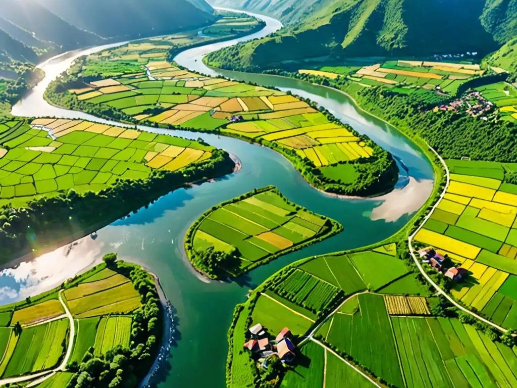 Un valle verde con un río serpenteante y comunidades a lo largo de sus orillas