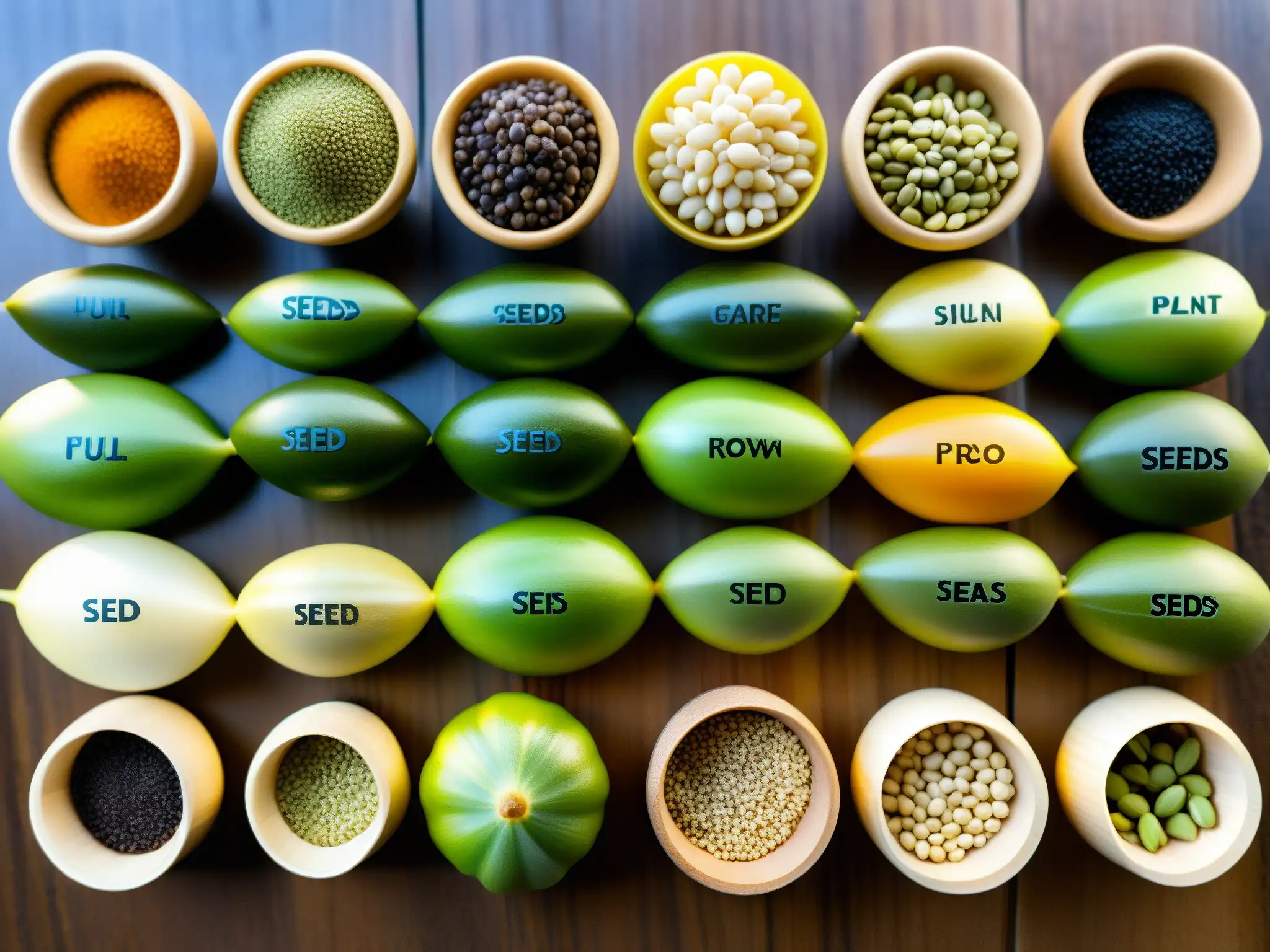 Variedad de semillas en una mesa de madera, detallando sus formas, tamaños y colores