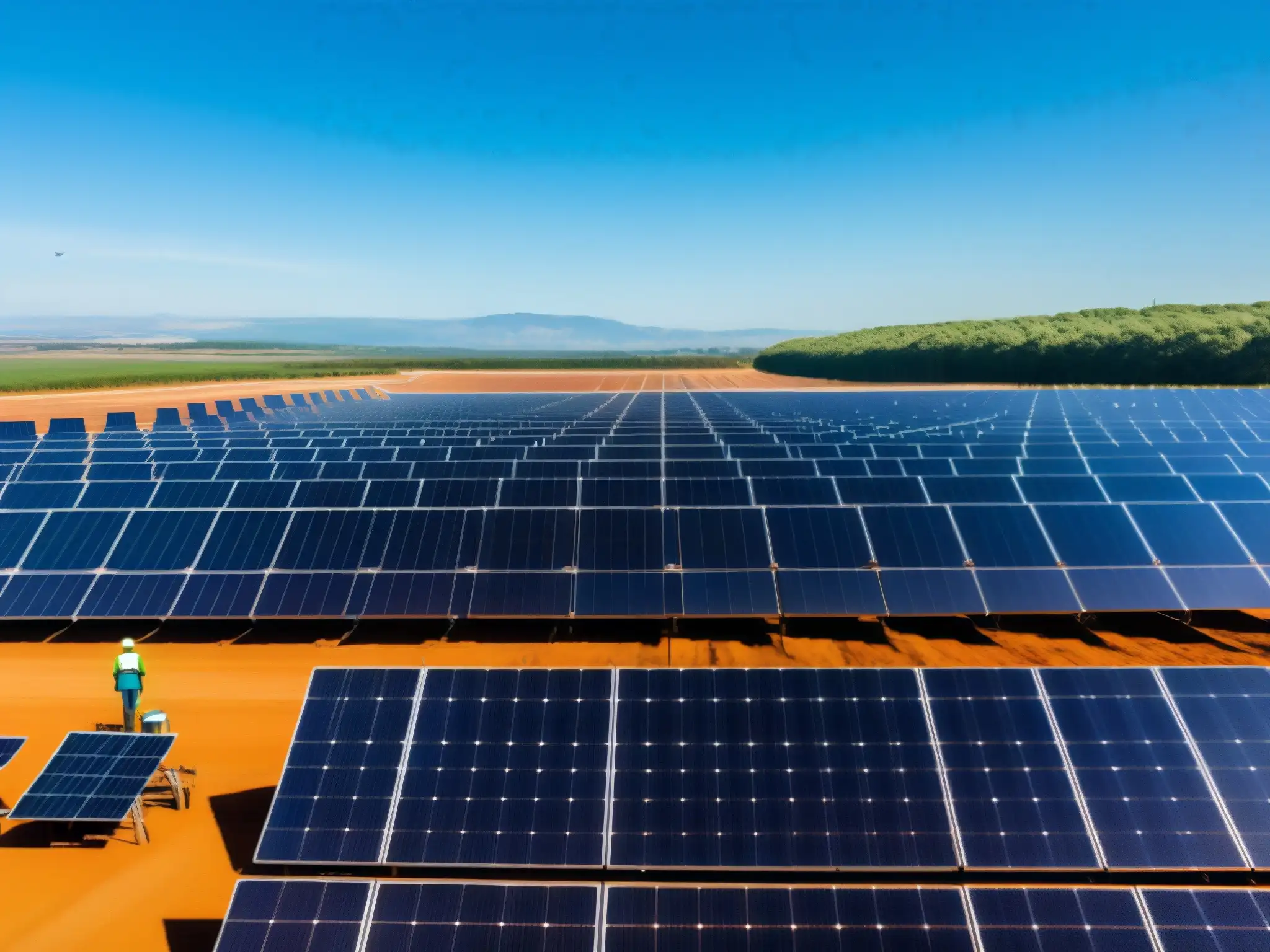 Vasta granja solar bajo cielo azul, paneles fotovoltaicos relucen al sol