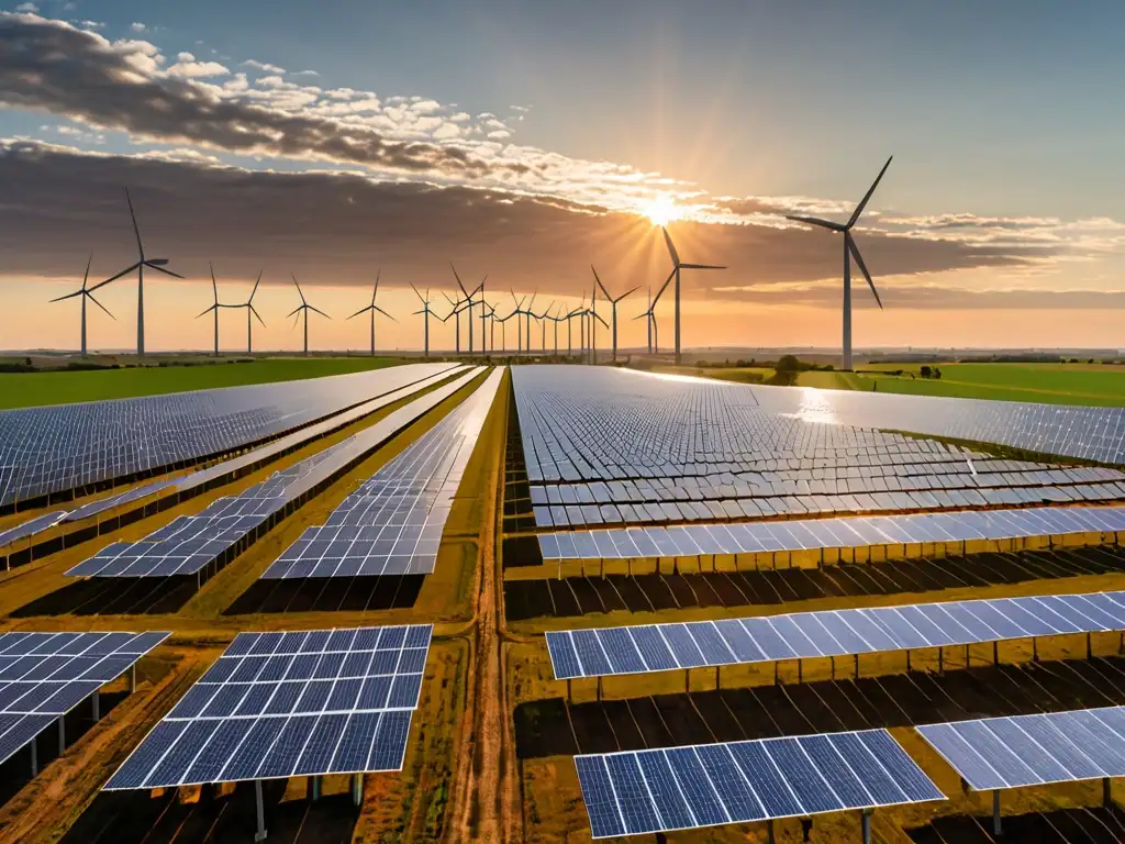 Vasta granja solar y molinos eólicos al atardecer, reflejando la legislación seguridad energética energías renovables con un cálido resplandor naranja