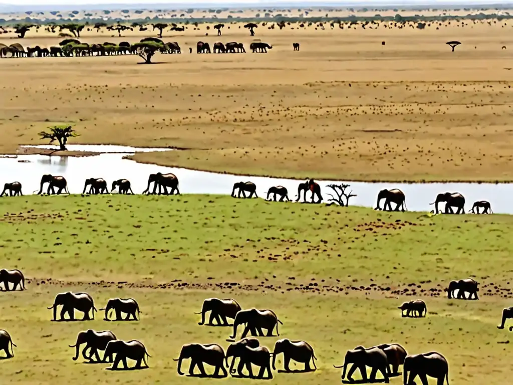 Vasta sabana africana con elefantes y agricultura sostenible, reflejando la armonía entre vida silvestre y actividades humanas