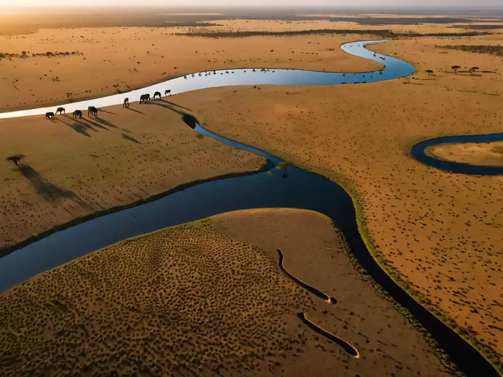 Vasta sabana africana con vida silvestre, ríos y árboles