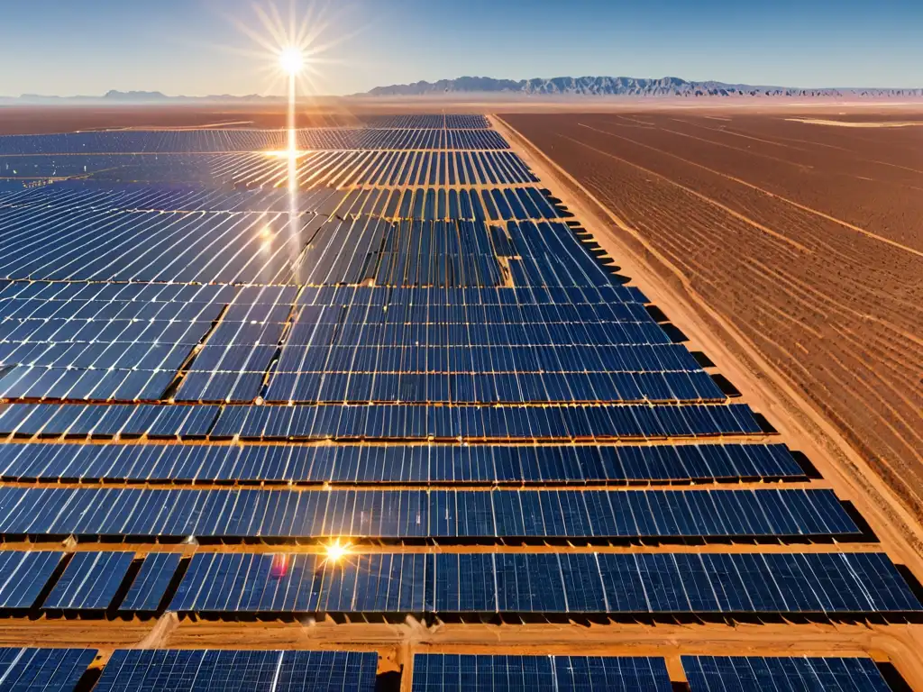 Un vasto campo solar en el desierto, con paneles reflejando la luz solar, muestra el impacto global de las energías renovables