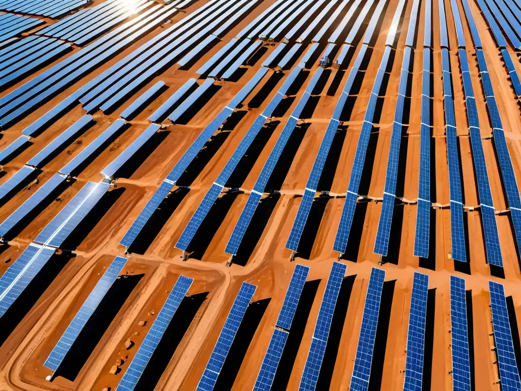 Vasto campo solar en el desierto con paneles reflejando la luz solar bajo cielo azul