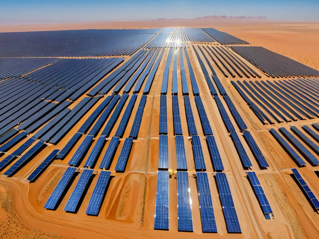 Un vasto campo solar en el desierto del Medio Oriente, con paneles brillantes que se extienden hacia el horizonte