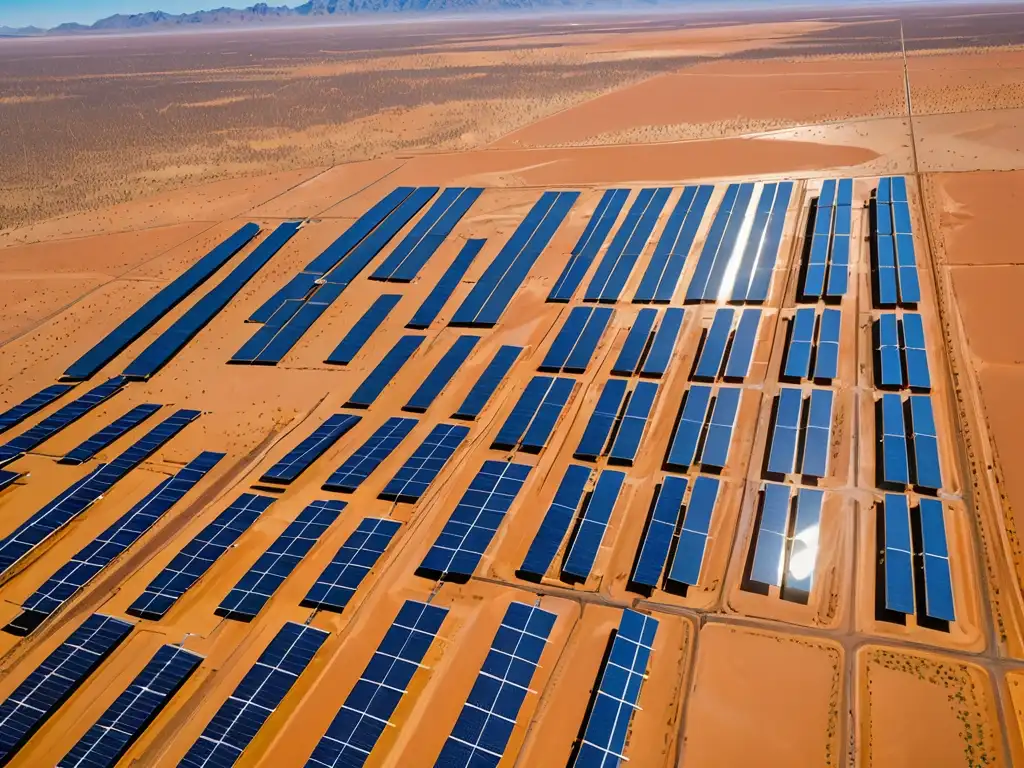 Un vasto campo solar se extiende por el desierto, con hileras de relucientes paneles solares captando la luz del sol