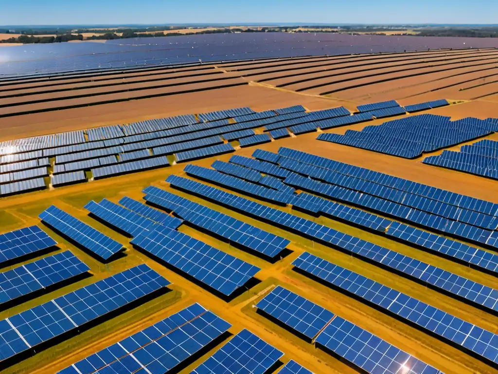 Un vasto campo solar se extiende en el horizonte, con paneles brillantes bajo el sol