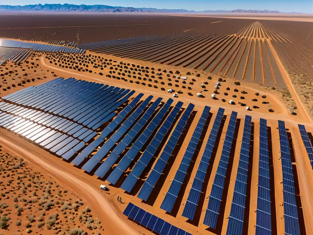 Un vasto campo solar se extiende en el paisaje árido, con paneles relucientes bajo el sol