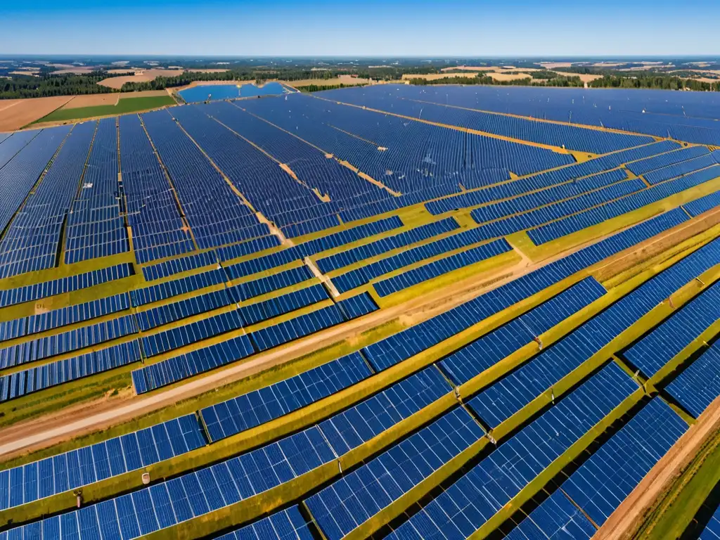 Vasto campo solar con paneles relucientes bajo cielo azul, reflejando innovación y la importancia de la legislación para impulsar la energía solar