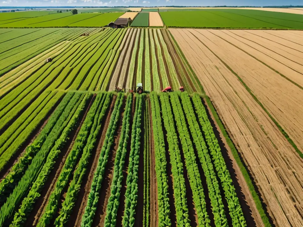 Un vasto campo agrícola verde se extiende hasta el horizonte, con cultivos organizados en patrones geométricos