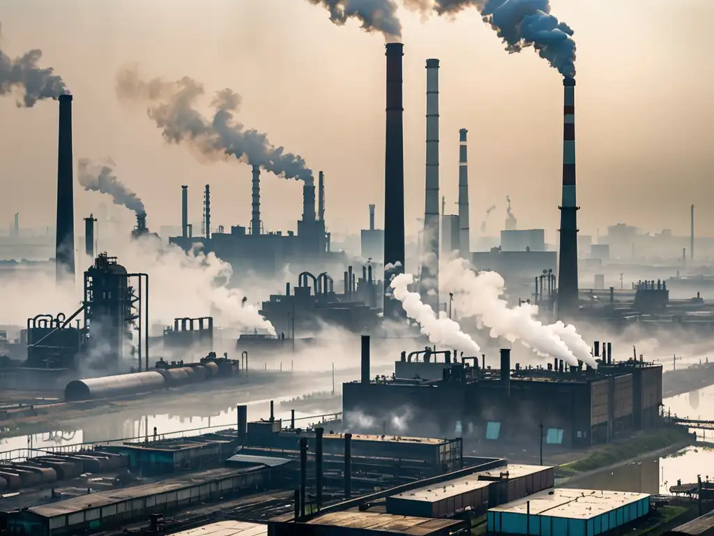 Vasto complejo industrial con humeantes chimeneas y una densa neblina cubriendo el paisaje