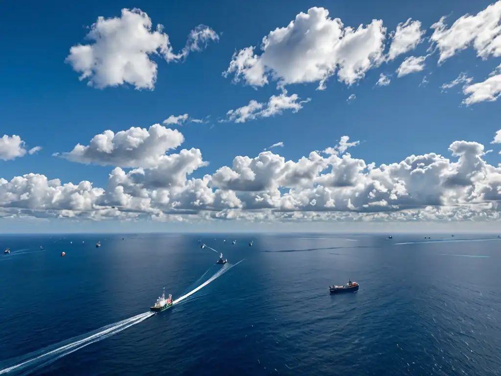 Un vasto océano azul con barcos pesqueros y cargueros en el horizonte, desafiando éticamente la legislación del espacio marino