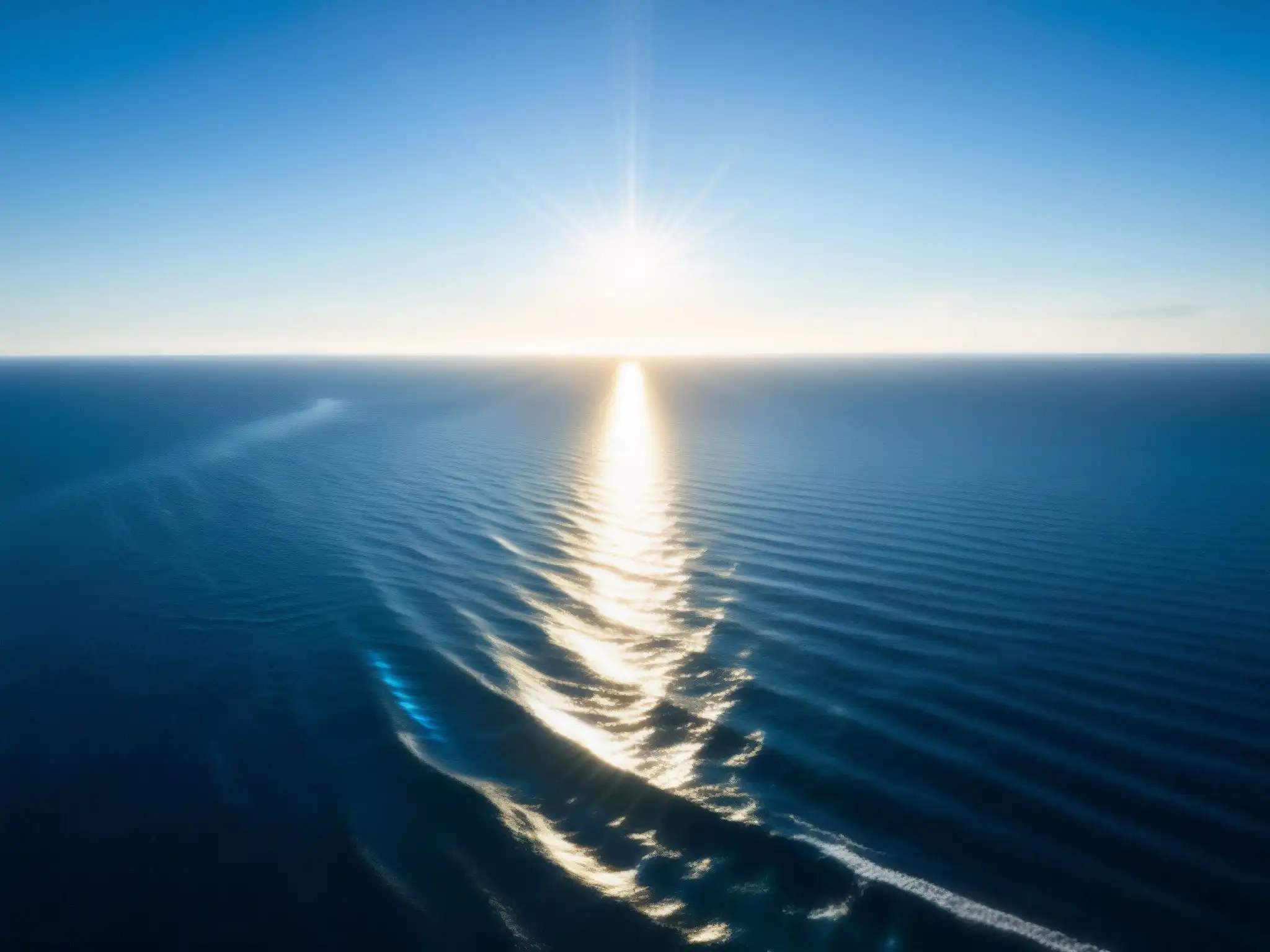 Un vasto océano azul se extiende hasta el horizonte, con el reflejo del sol en el agua y un barco solitario a lo lejos