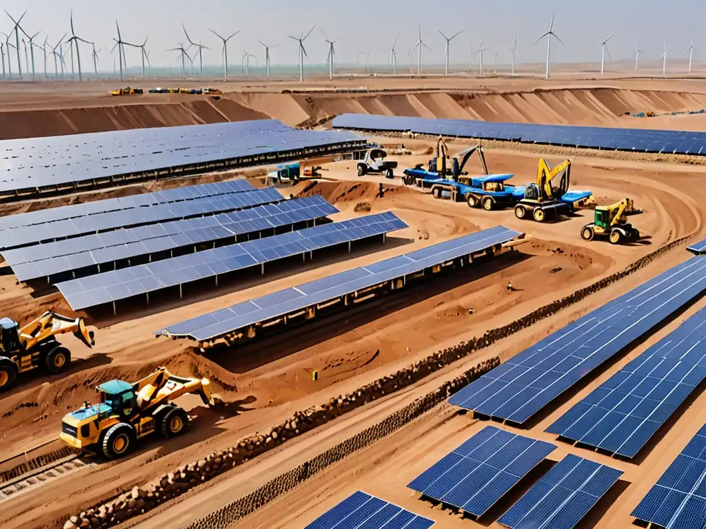 Vasto paisaje de la construcción de la Franja y Ruta, maquinaria pesada y tren a lo lejos, paneles solares y turbinas eólicas