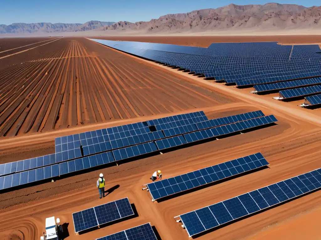 Un vasto paisaje desértico con granja de paneles solares, técnicos inspeccionando y camiones eléctricos