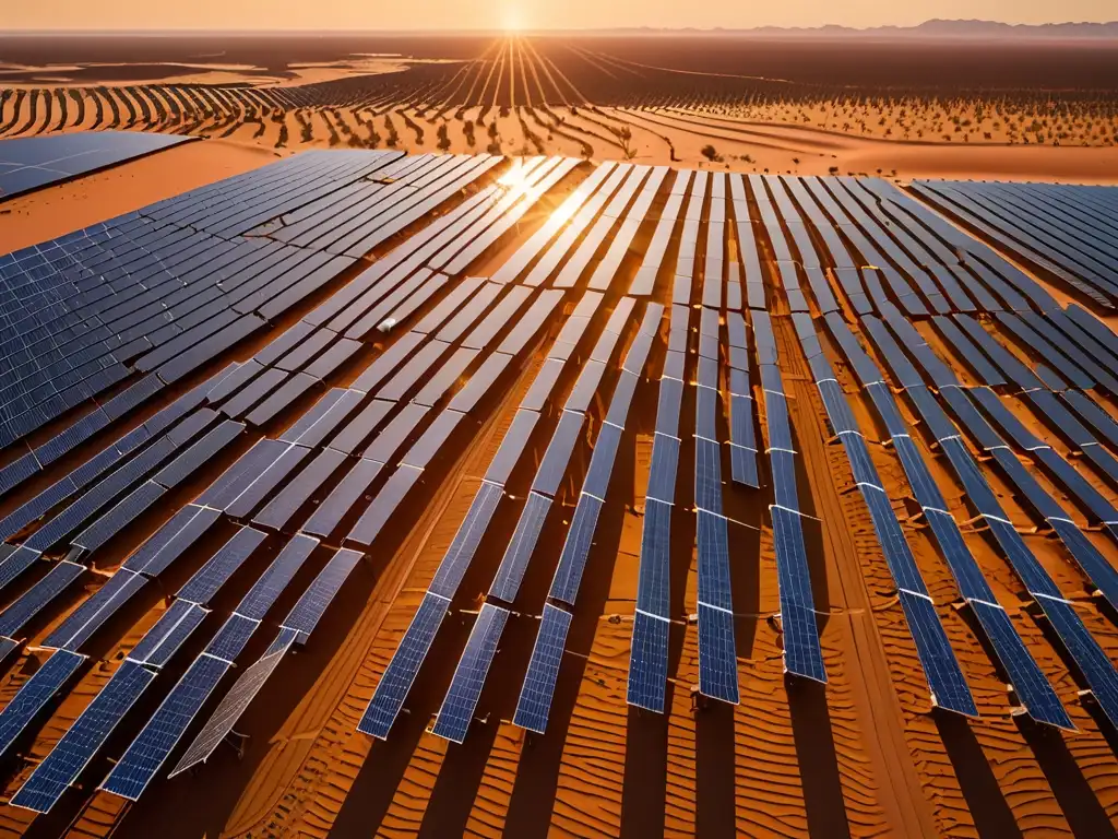 Un vasto paisaje desértico con granjas de paneles solares detallados, bañados por la cálida luz del atardecer