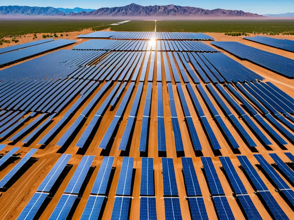 Vasto parque solar en el desierto con paneles relucientes bajo cielo azul