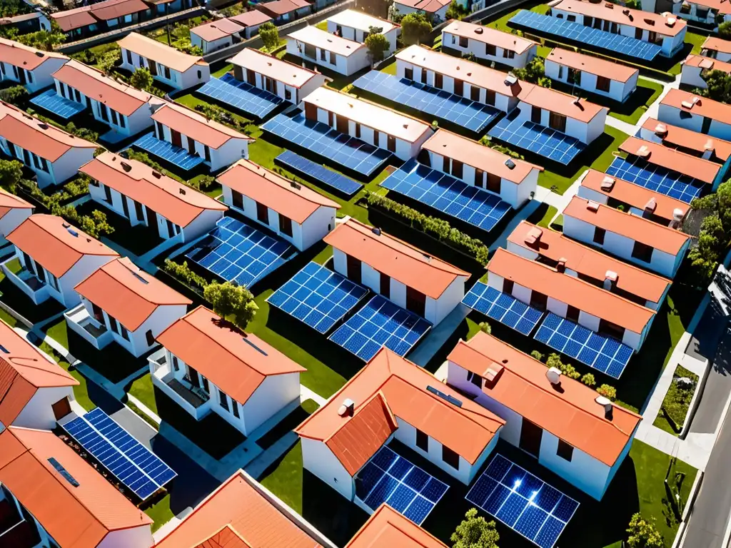 Un vecindario suburbano con paneles solares en los techos, muestra la integración de la tecnología solar