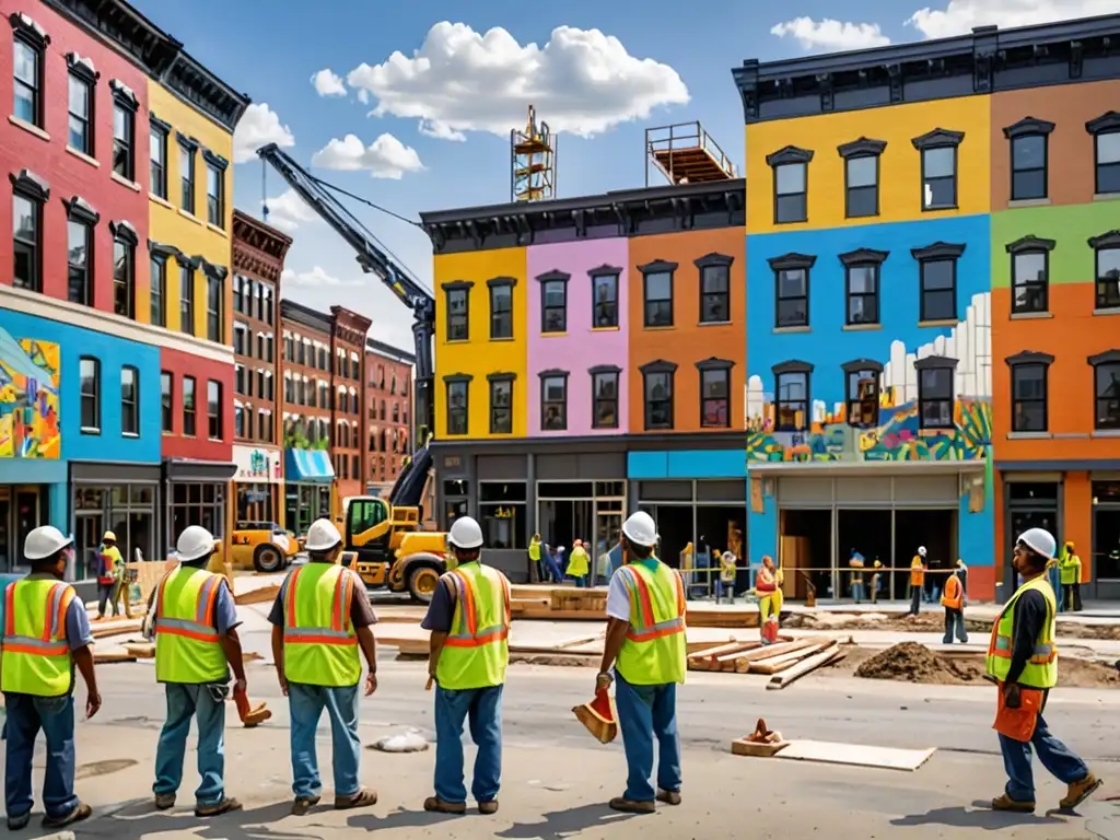 Un vecindario urbano en pleno proceso de renovación, con trabajadores en cascos y chalecos reflectantes revitalizando edificios antiguos