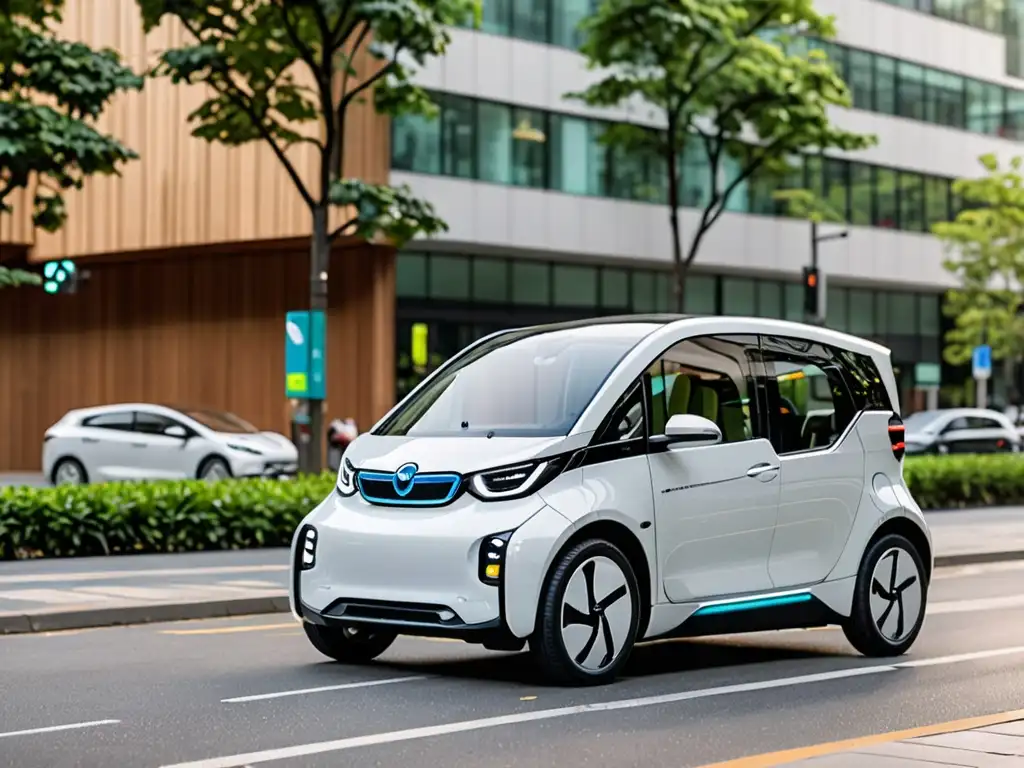 Un vehículo eléctrico moderno y elegante, rodeado de vegetación en una bulliciosa ciudad