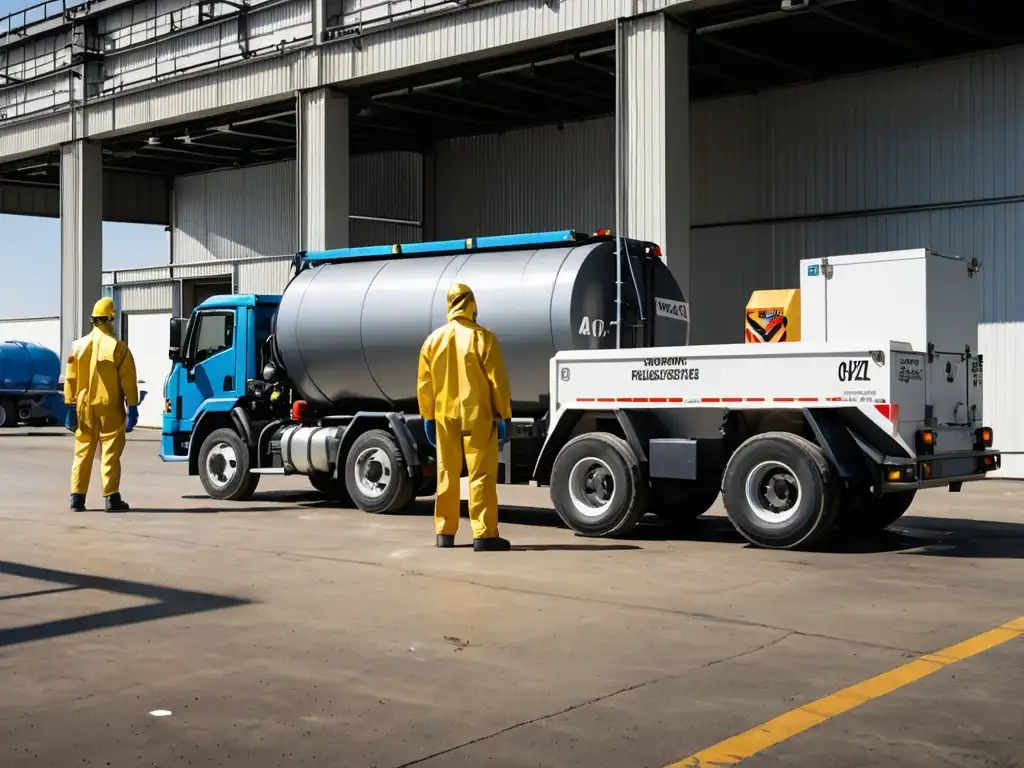 Vehículo especializado para transporte de residuos peligrosos con estrictas regulaciones EPA y DOT, operarios cargando materiales peligrosos