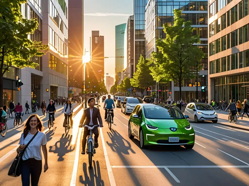 Vehículos eléctricos y bicicletas en una ciudad sostenible al atardecer, ejemplo de políticas de movilidad sostenible