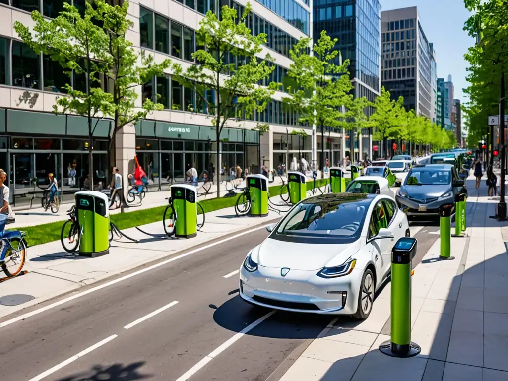 Vehículos eléctricos en ciudad moderna con infraestructura sostenible y legislación promoción vehículos eléctricos