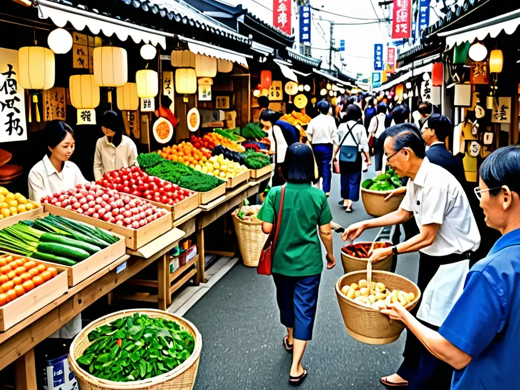 Vendedor orgulloso muestra productos ecológicos en mercado callejero de Tokio, reflejando la Economía Circular legislación Asia