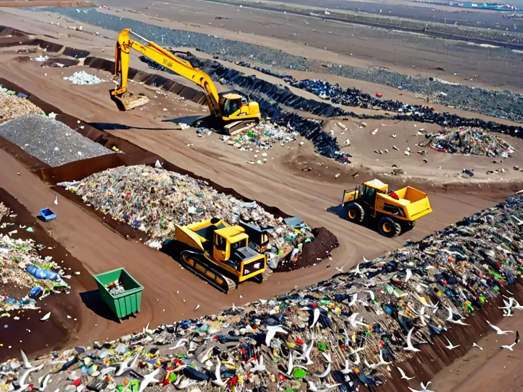 Un vertedero abarrotado de desechos con gaviotas sobrevolando y maquinaria pesada moviendo montones de basura