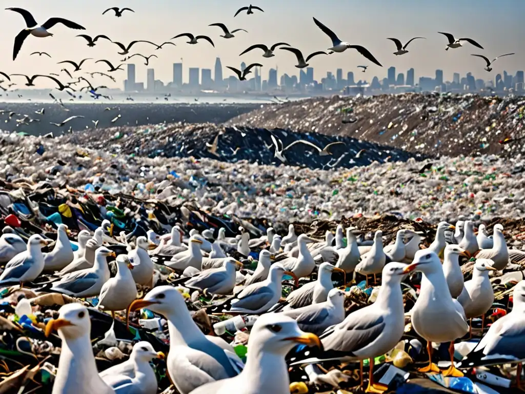 Un vertedero abrumador de residuos plásticos con gaviotas, creando impacto ambiental y la necesidad de reducción de emisiones de plásticos