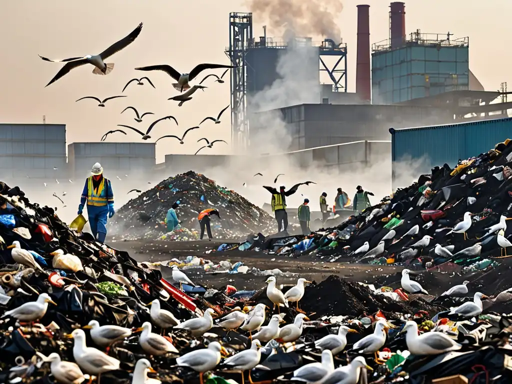 Vertedero de basura con impacto humano y ambiental, destacando la necesidad de políticas ambientales y prácticas de reciclaje