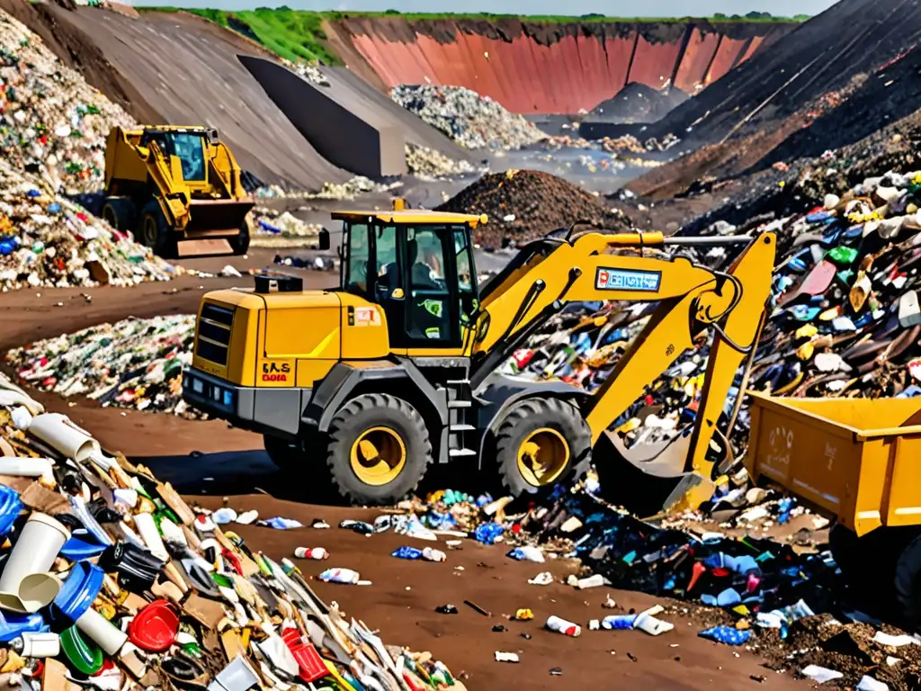 Un vertedero con capas de desechos y trabajadores clasificando, destaca la urgencia de la gestión de residuos en cambio climático