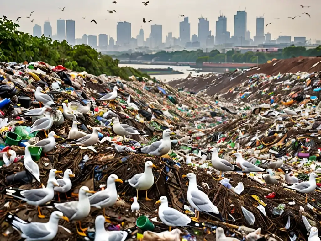 Un vertedero desbordante de residuos plásticos, con aves buscando entre la basura