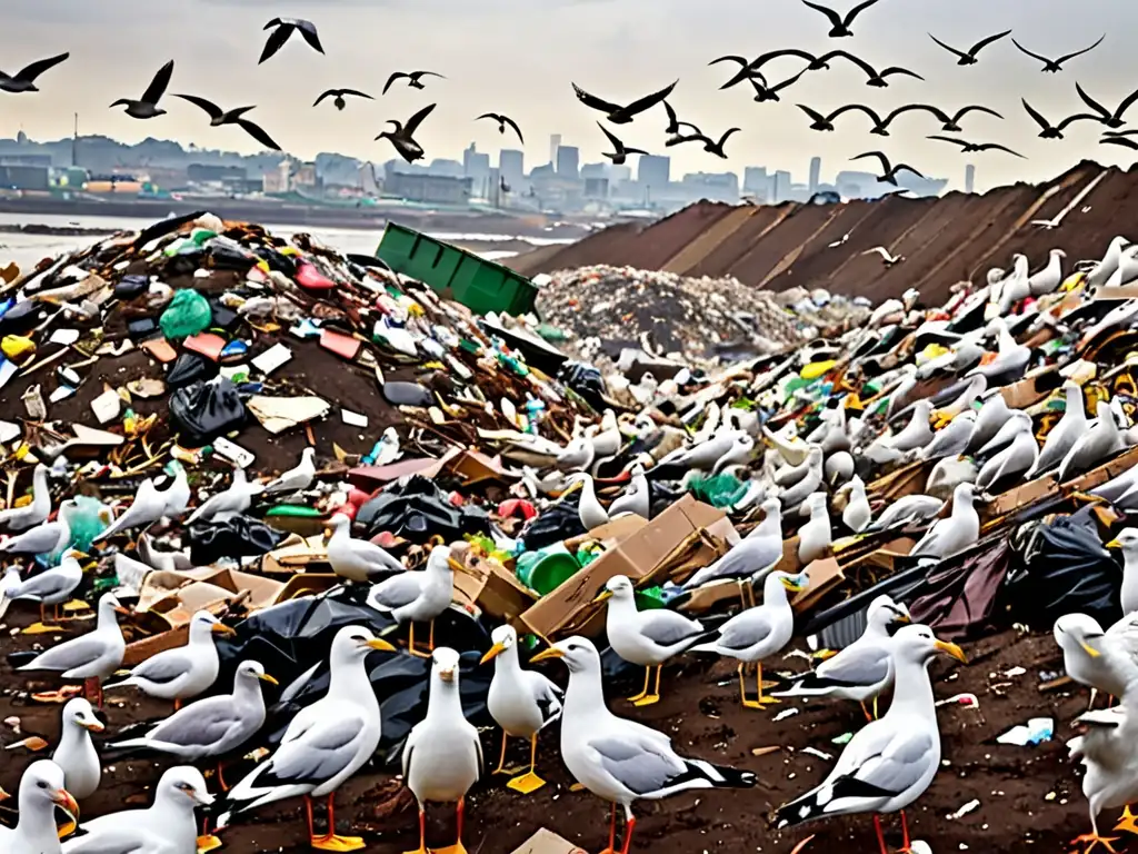 Un vertedero con desechos mixtos y aves carroñeras bajo un cielo nublado