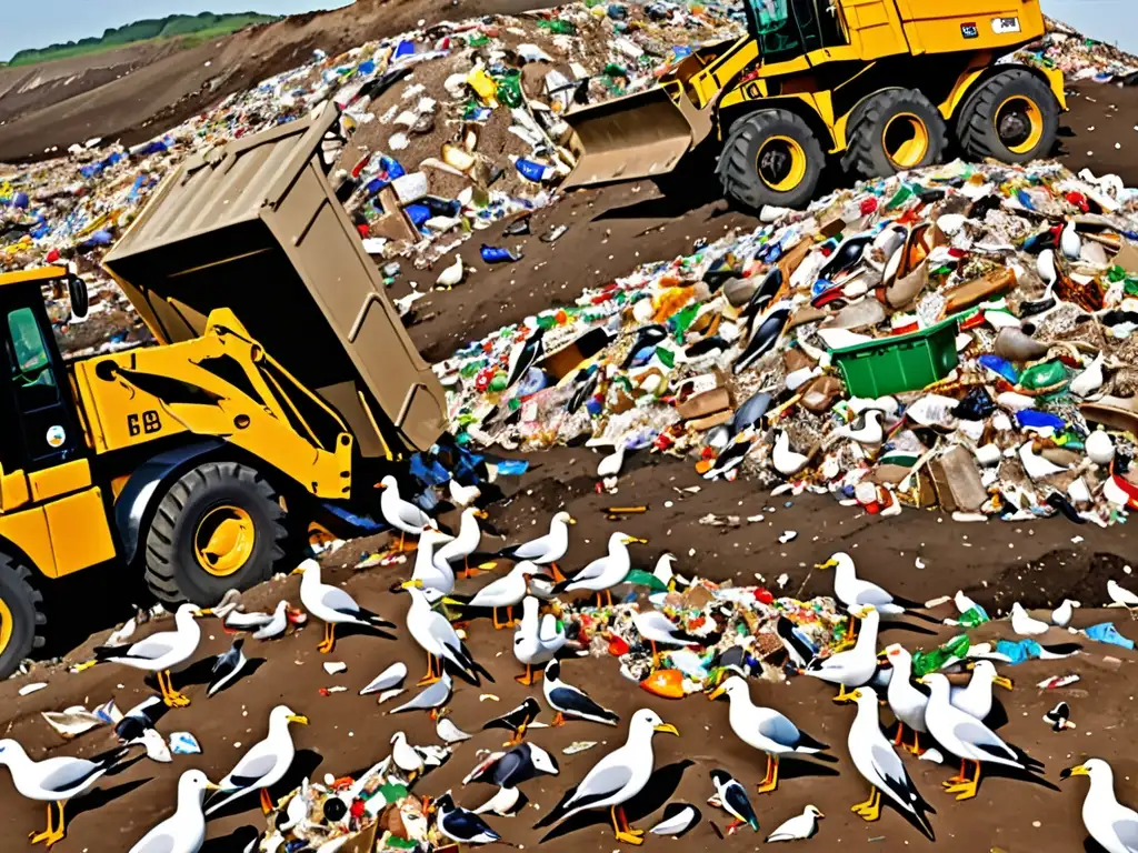 Un vertedero desolador muestra el impacto ambiental de la gestión inadecuada de residuos, con gaviotas entre la basura y lixiviados tóxicos